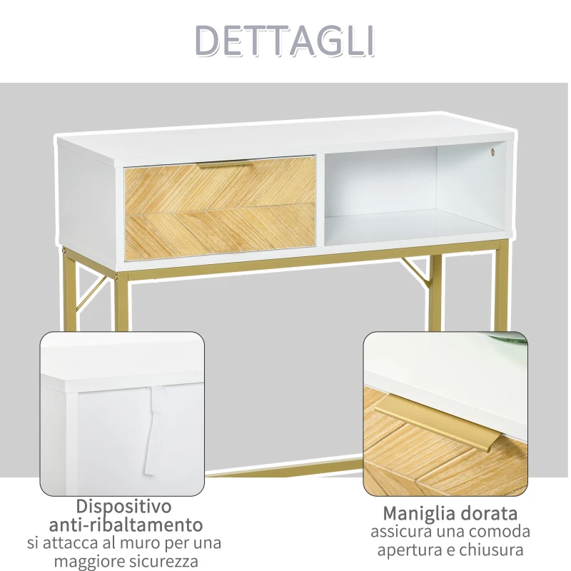 HOMCOM Tavolo Consolle in Legno, Consolle da Ingresso o Salotto con Design Moderno, Bianco e Oro, 80x30x80.5cm