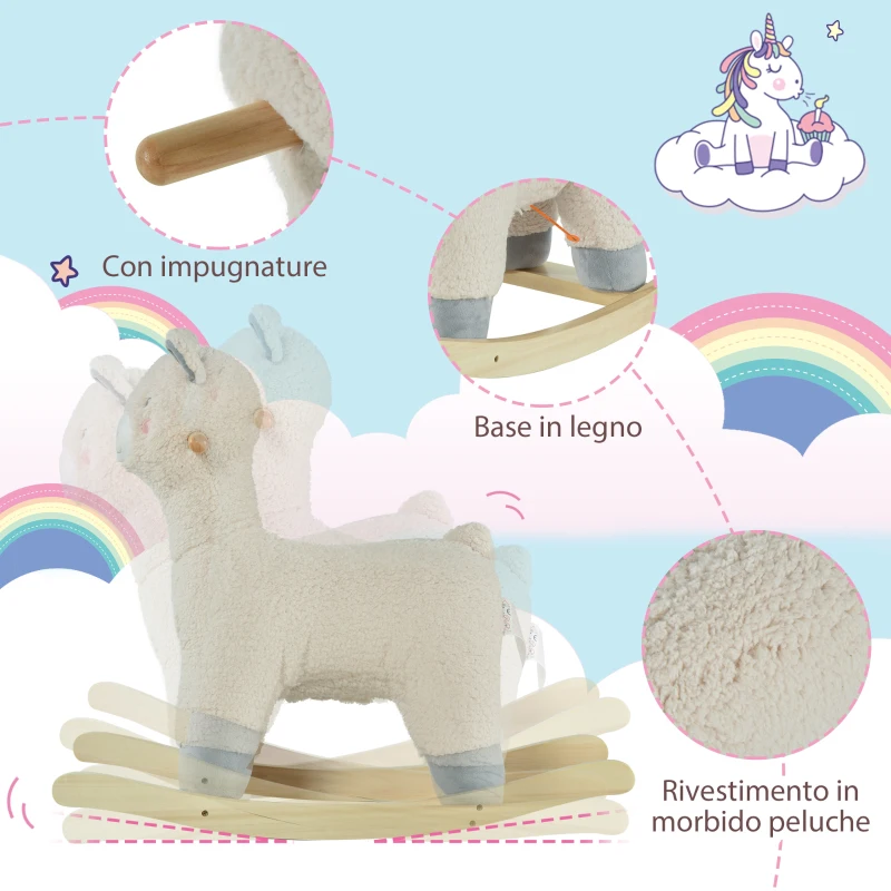 HOMCOM Cavallo a Dondolo a Forma di Alpaca, Gioco Cavalcabile per Bambini 36-72 Mesi in Peluche Bianco Crema, 58x68x29cm