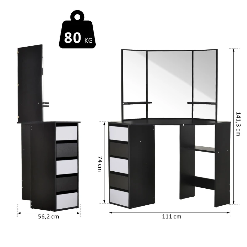 HOMCOM Coiffeuse d'angle design contemporain table de maquillage multi-rangements 5 tiroirs 3 étagères 3 miroirs noir blanc