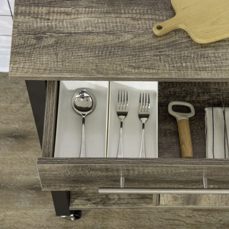 HOMCOM Carrello da Cucina Portavivande con Cassetto, Mensole, Armadietto e 4 Ruote, Legno Truciolare, 60x50x84.5cm, Quercia