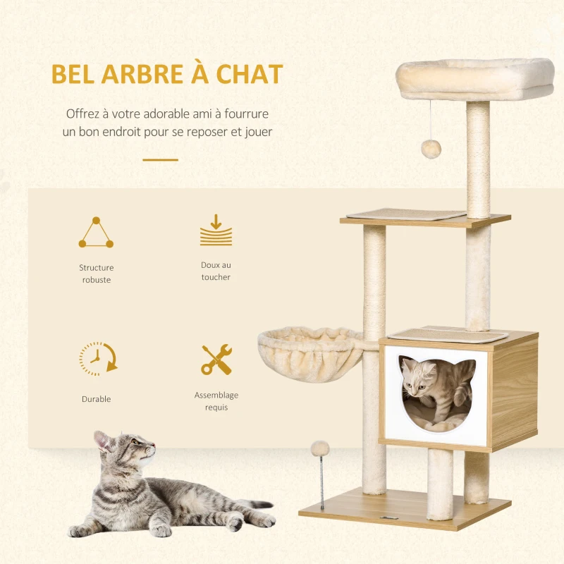 PawHut Arbre à chat griffoirs grattoirs multi-équipements niche hamac panier coussins amovibles hauteur 126 cm peluche courte sisal naturel beige
