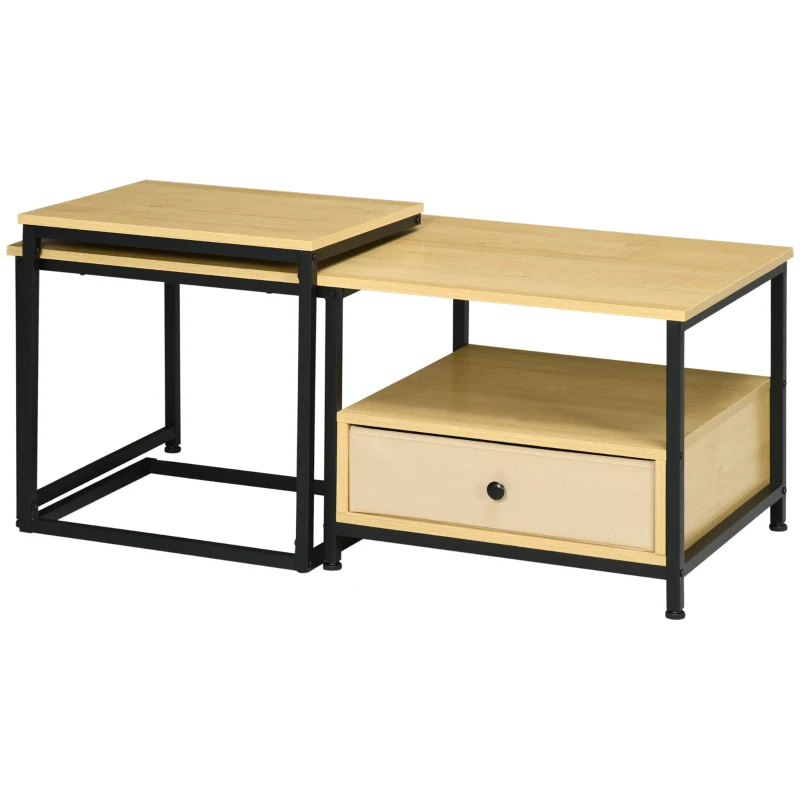 HOMCOM Set da 2 pezzi con Tavolino da Caffè e Tavolino laterale a C in Acciaio e Truciolato, Color legno