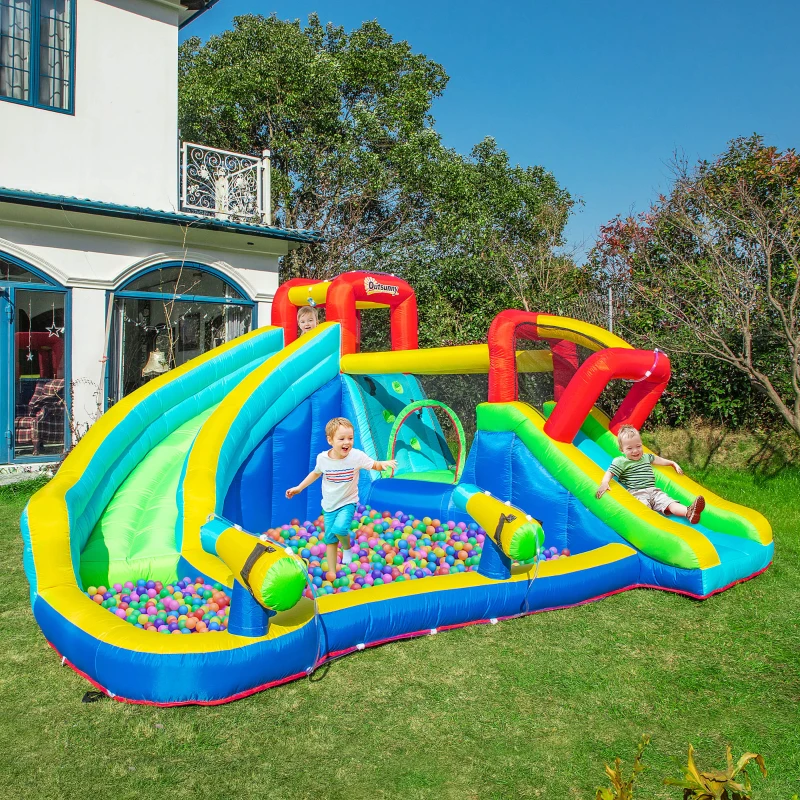 Outsunny Kids Bouncy Castle Water Slide 5 in 1 Inflatable Bounce House Jumping Castle Water Pool Gun Climbing Wall with Air Blower for Kids Age 3-8, 3.85 x 3.65 x 2m