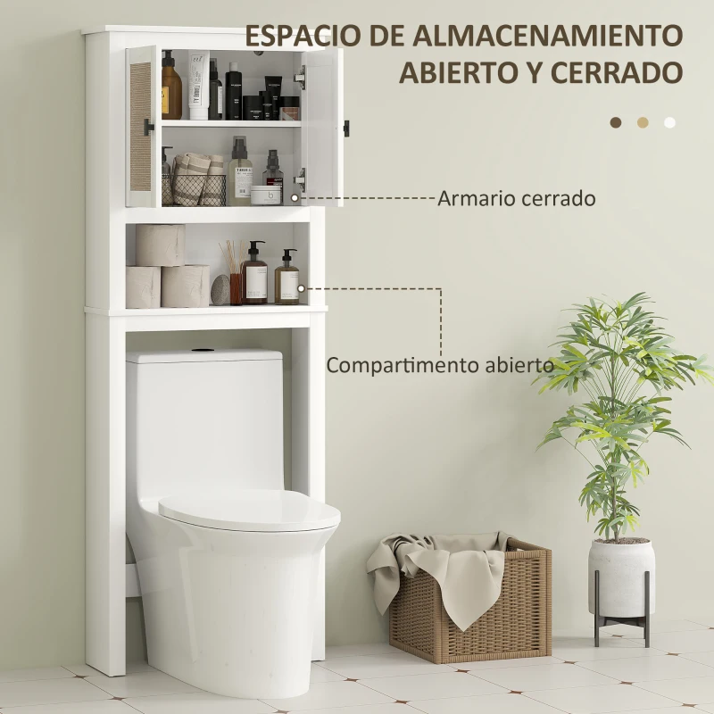 HOMCOM Mueble sobre Inodoro con 2 Puertas con Frontal de Ratán Compartimento y Estante Ajustable 60x19,5x160 cm Blanco
