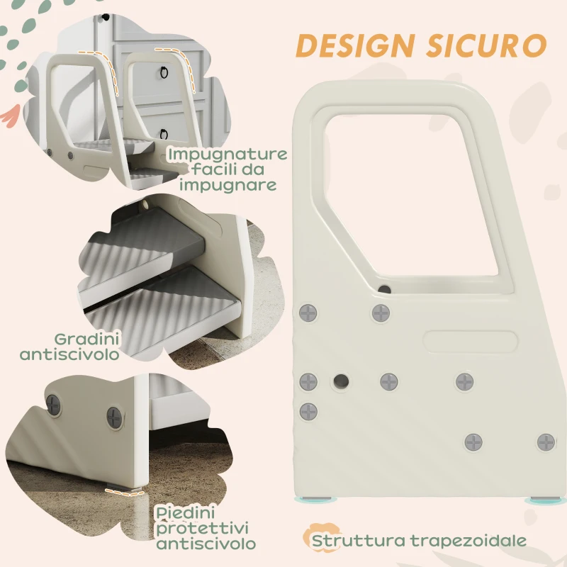 AIYAPLAY Sgabello per Bambini 2-5 Anni a 3 Gradini in HDPE, 43x42x65.5 cm, Grigio e Bianco Crema