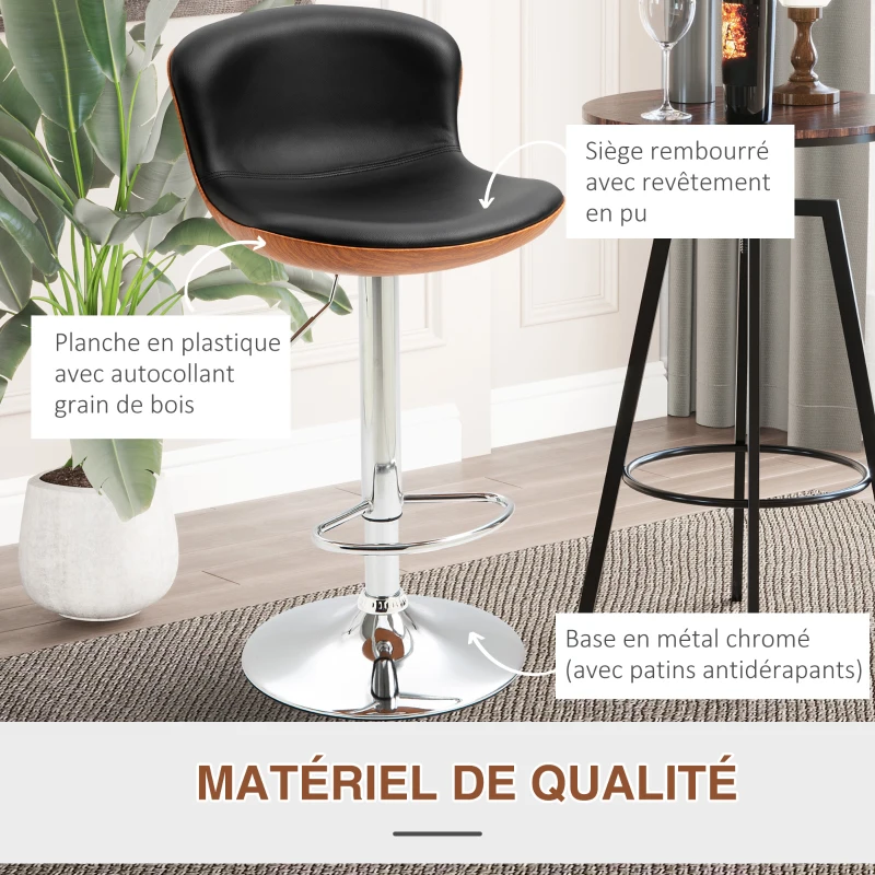 HOMCOM Lot de 2 Tabouret de Bar Design Contemporain Hauteur d'assise réglable 64-85 cm pivotant 360° revêtement synthétique Noir Imitation Bois
