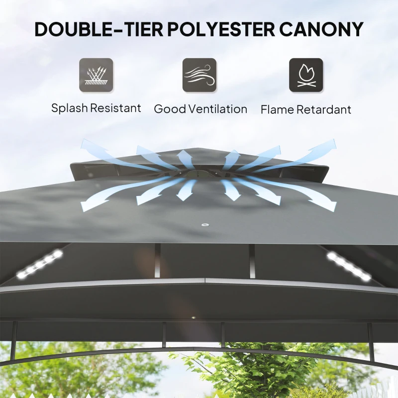 Outsunny 8' x 5' Grill Gazebo, Double Tiered BBQ Gazebo Shelter Canopy with LED Lights, 2 Side Shelves, Hooks, Dark Grey