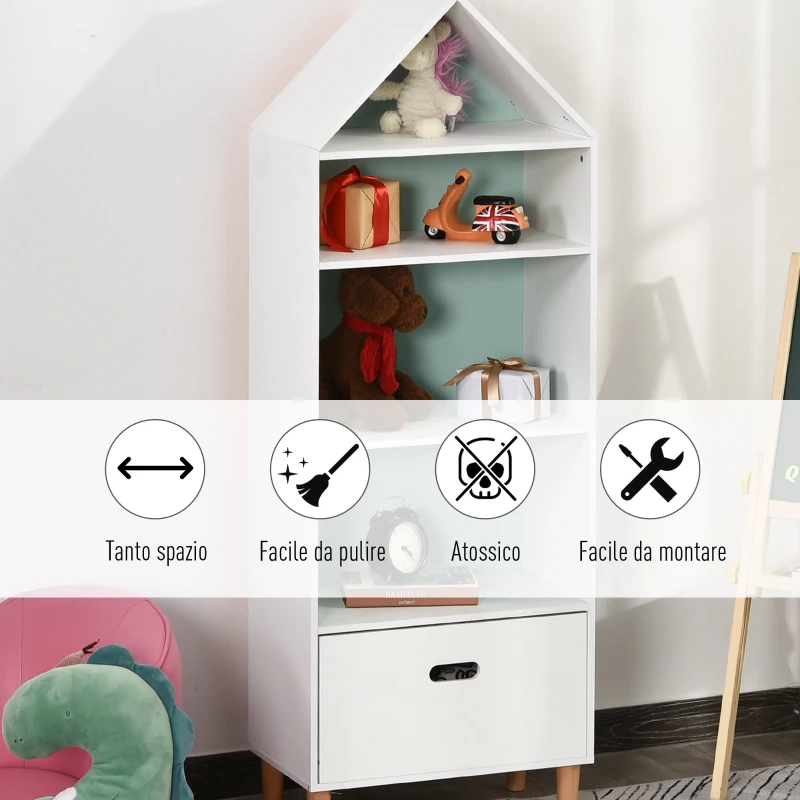 HOMCOM Libreria Scaffale Portagiochi per Cameretta Bimbi e Ragazzi, 1 Cassetto e 4 Ripiani, Bianca e Azzurra 50x30x142cm