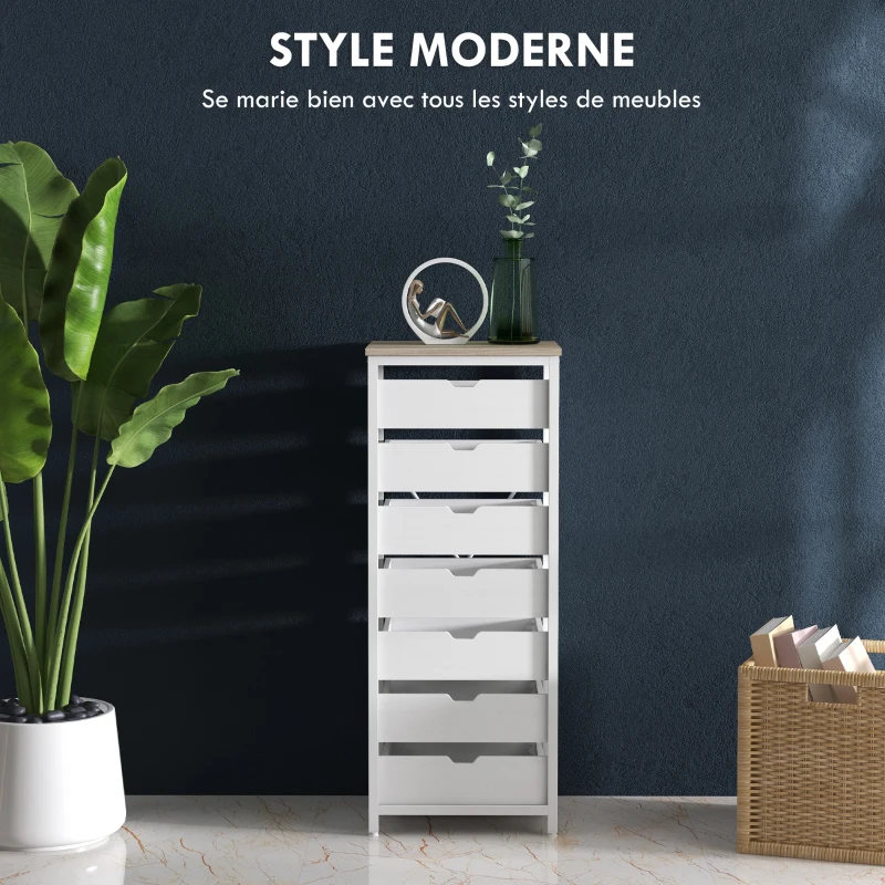 HOMCOM Commode meuble de rangement chiffonier à 7 tiroirs style comtemporain avec cadre en acier et poignées découpées blanc
