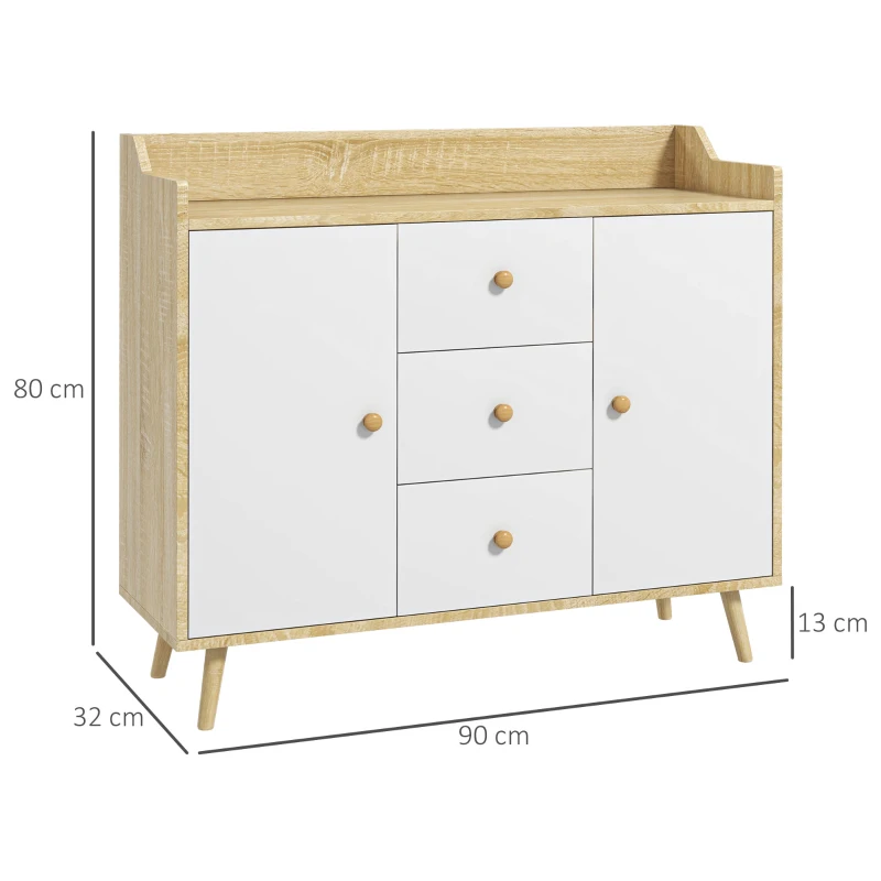HOMCOM Credenza Moderna in Truciolato e Legno di Pino con 3 Cassetti e 2 Armadietti a 2 Livelli, 90x32x80A cm