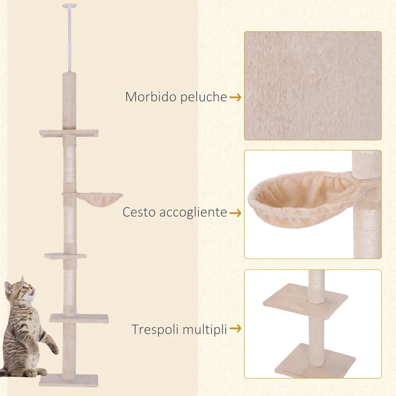 PawHut Albero Tiragraffi Multilivello a Soffitto con Amaca e Altezza Regolabile, 40x34x230-260cm, Beige