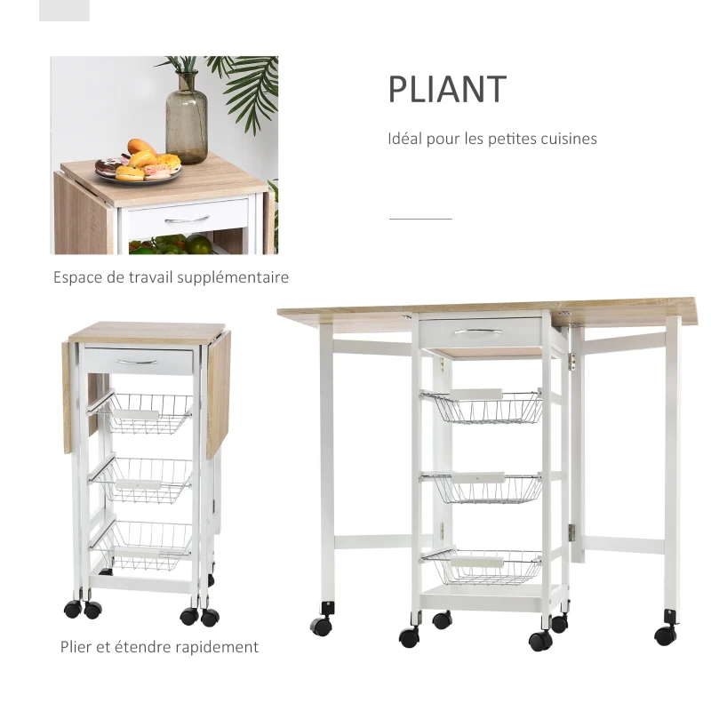 HOMCOM Chariot de service desserte de cuisine à roulettes multi-rangements 3 paniers métal + tiroir + rallonges MDF blanc chêne clair