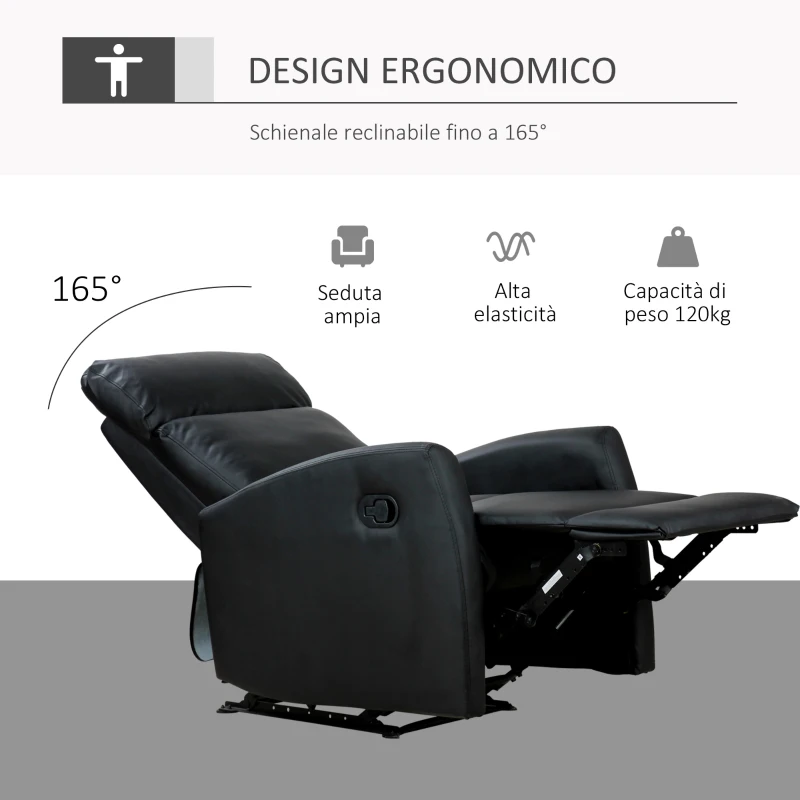 HOMCOM Poltrona Relax Reclinabile, Regolabile ed Ergonomica, in Pelle PU con Imbottitura, per Casa e Ufficio, 65x92x100 cm, Nera