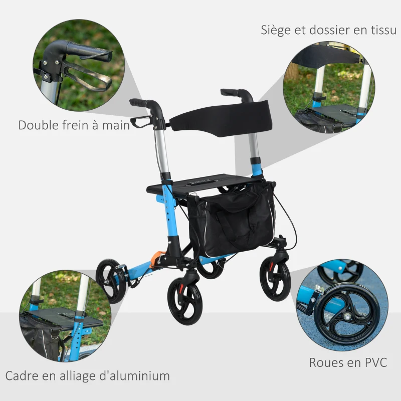 HOMCOM Déambulateur pliant avec siège et dossier 4 roues pliable réglable avec sac de rangement freins à main bleu et noir