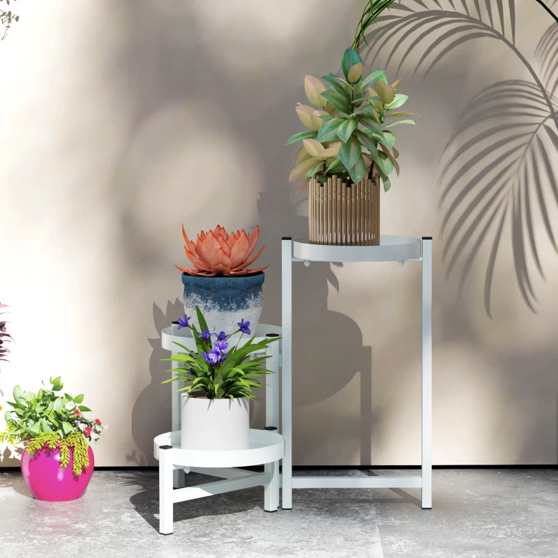Outsunny Soporte para Plantas Plegable de Metal de 3 Niveles con 3 Estantes Redondos Soporte para Macetas 40x40x42 cm Blanco