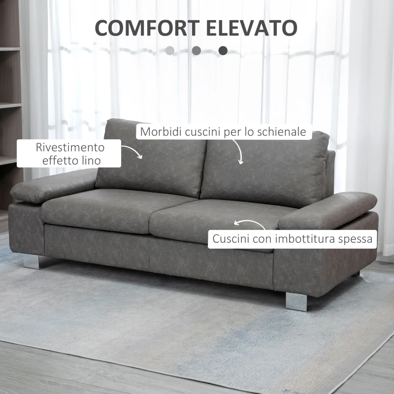 HOMCOM Divano 3 Posti Reclinabile e Imbottito con Braccioli Regolabili, in PU, Legno e Metallo, 200x88x86 cm, Grigio