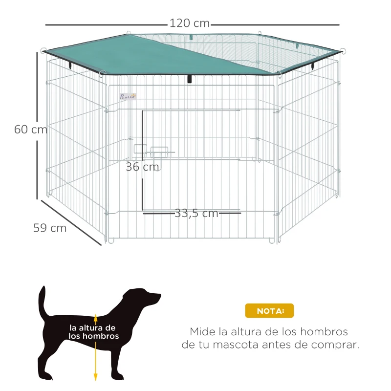 PawHut Parque de Juegos para Perros 6 Paneles 59x60 cm Plegables Empalme libre Valla Metálica para Mascotas con Puerta con Pestillo y Toldo Superior para Jardín Patio Exterior Plata