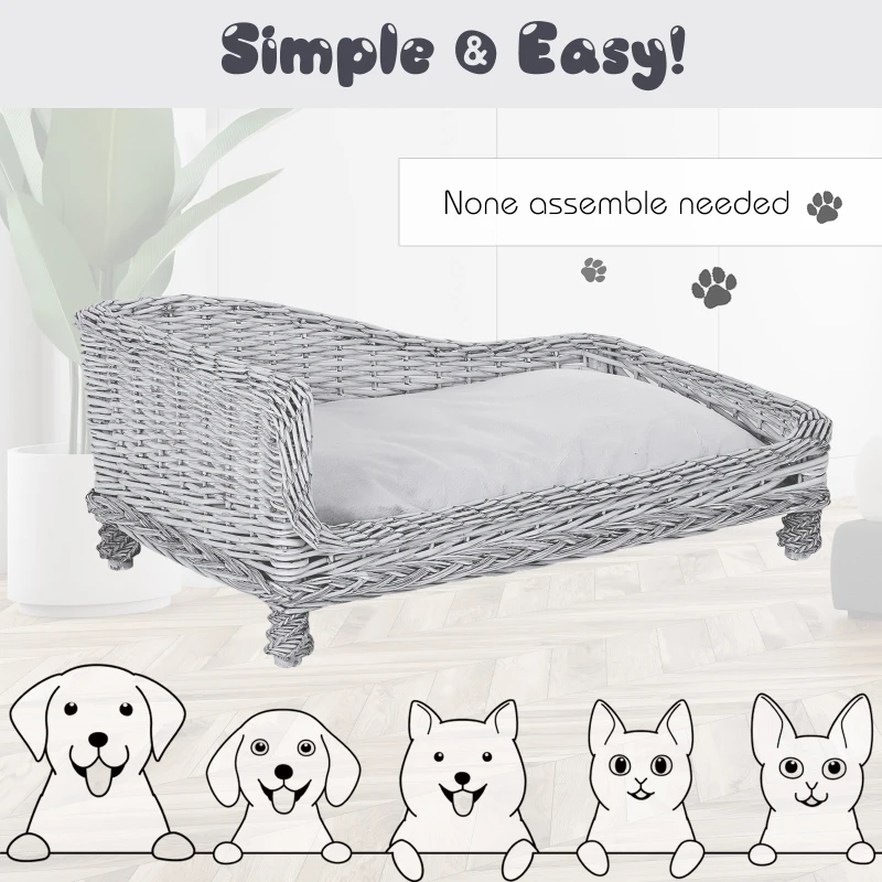 Pawhut Wicker Dog Cat Bed Kitten Lounger  Pet Bed Rattan Willow Basket Soft Cushion Lightweight 69 x 42 x 33 cm Grey