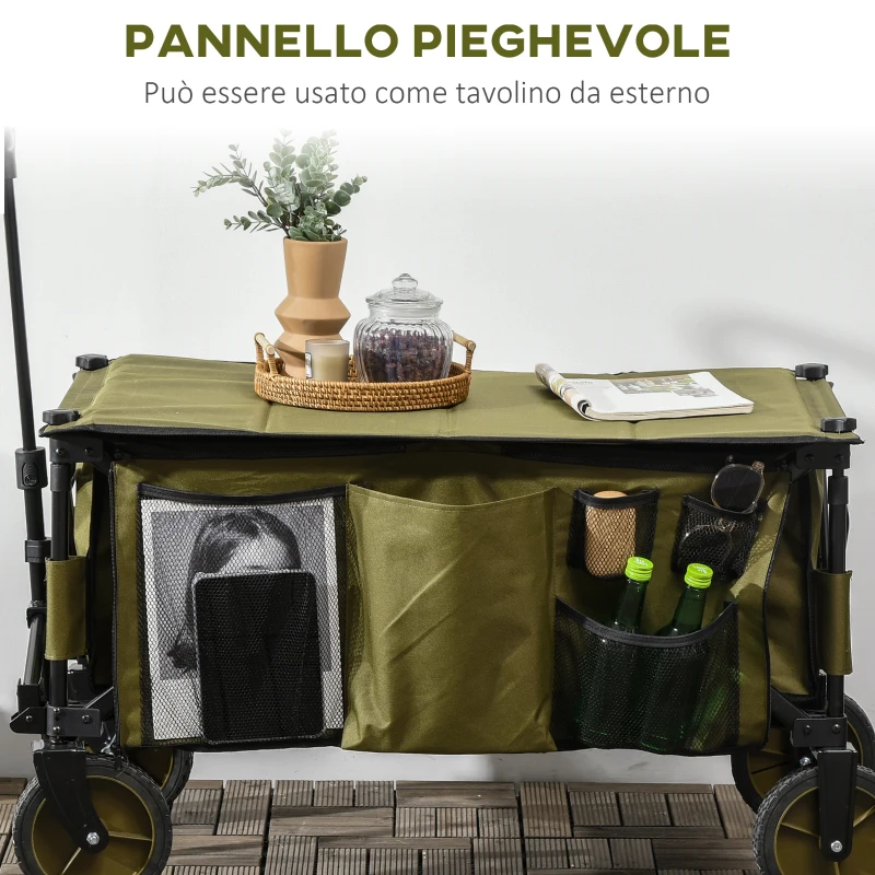 Outsunny Carrello da Giardino 125L Pieghevole con Maniglia e 5 Sacche, 108x55x93 cm, Verde