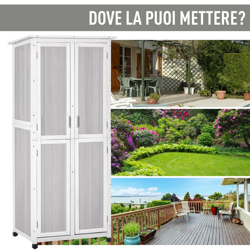 Outsunny Casetta Porta Attrezzi in Legno di Abete a 3 Livelli con Tetto in Bitume, 77x58x175 cm, Grigio