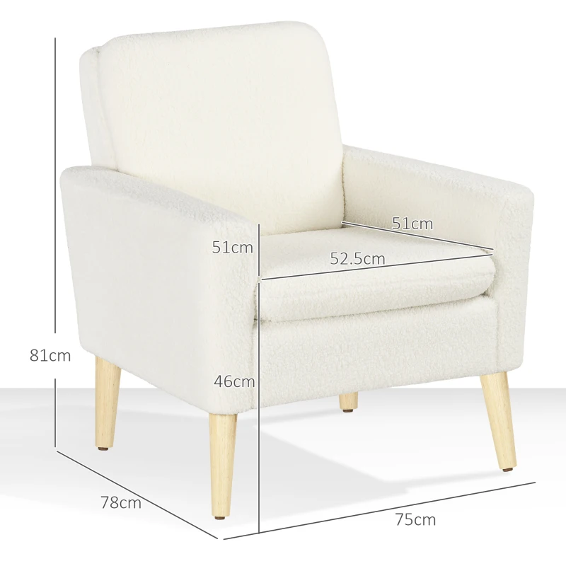 HOMCOM Armchair, Upholstered Accent Chair with Wood Legs and Wide Padded Seat, Teddy Occasional Chair, Cream White