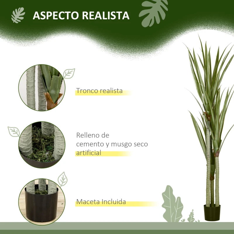 HOMCOM Yuca Artificial 190cm Planta Artificial con 39 Hojas Decoración para Hogar Salón Oficina Jardín Ø17x190 cm Verde