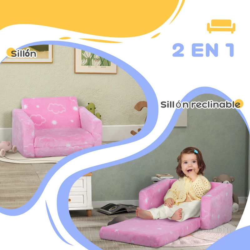 AIYAPLAY Sofá Infantil Plegable 2 en 1 Tapizado de Tela Luminosa con Patrón de Nubes Cojín y Funda Lavables Rosa