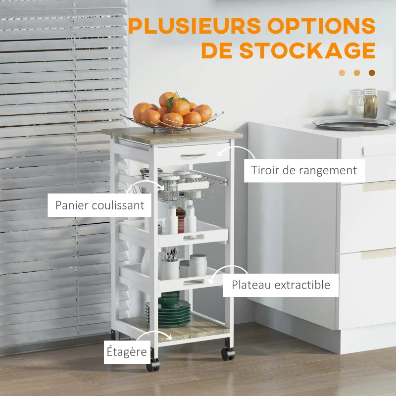 HOMCOM Chariot de service desserte de cuisine à roulettes panier + 2 plateaux amovibles, tiroir, étagère MDF chêne clair bois pin blanc