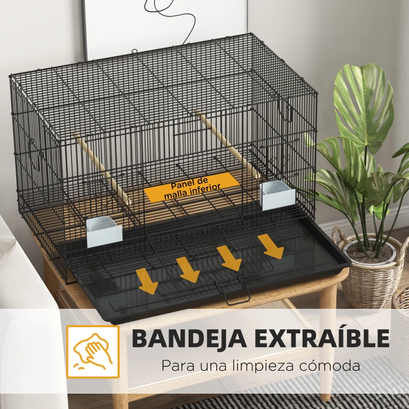 PawHut Jaula para Pájaros 77x46x45 cm Jaula Metálica para Aves con Bandeja Extraíble 2 Perchas 2 Comederos 2 Perchas Negro