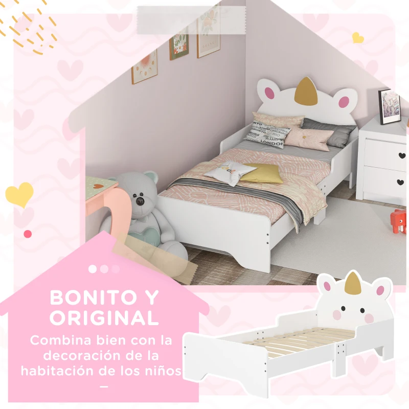 ZONEKIZ Cama Infantil de Madera 143x74x67 cm en Forma de Unicornio Mueble de Dormitorio Moderno Carga 80 kg Blanco
