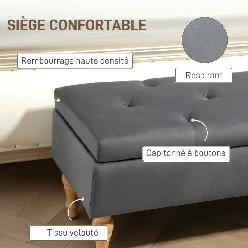 HOMCOM Banc coffre de rangement 2 en 1 banquette en velours avec couvercle à charnière capitonné et pieds en bois, gris foncé