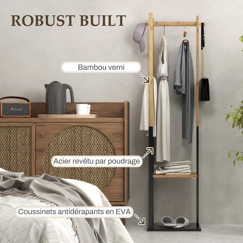 HOMCOM Portant pour vêtements en bambou, Porte-manteau en Bois avec tringle, étagères, patère, 4 barres latérales