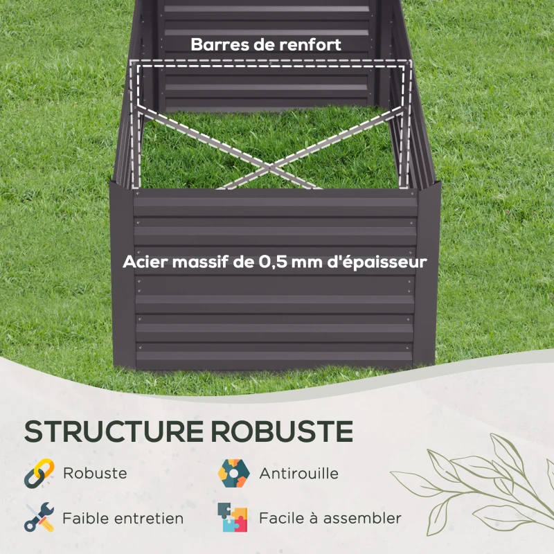 Outsunny Carré potager de jardin rectangulaire tubes de renforcement acier galvanisé 180 x 90 x 59 cm