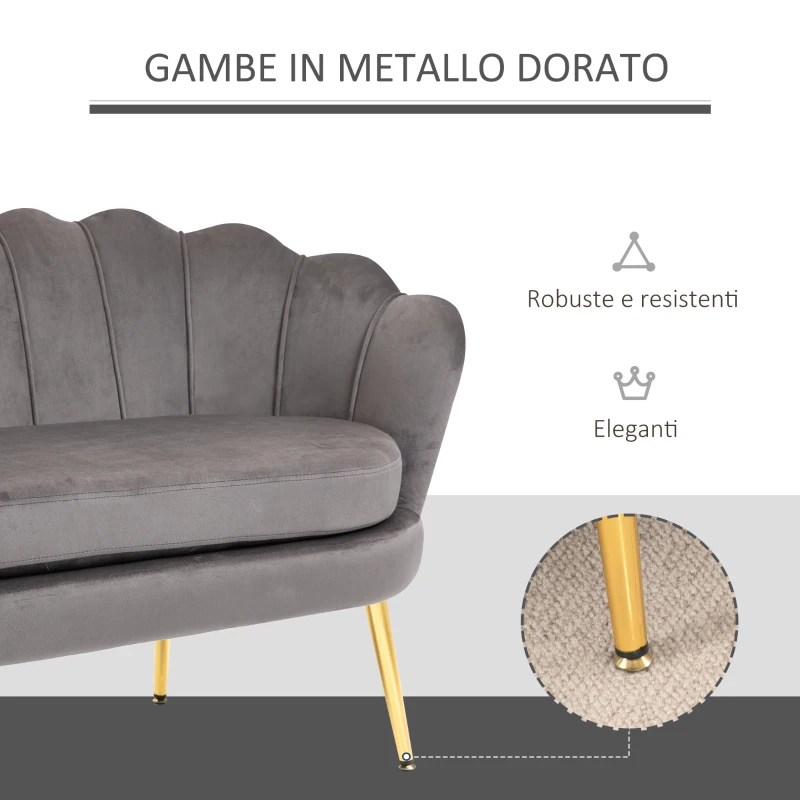 HOMCOM Divanetto 2 Posti in Tessuto Effetto Velluto con Braccioli, Divano Moderno con Seduta Imbottita per Camera da Letto e Soggiorno, 133x63x75cm, Grigio
