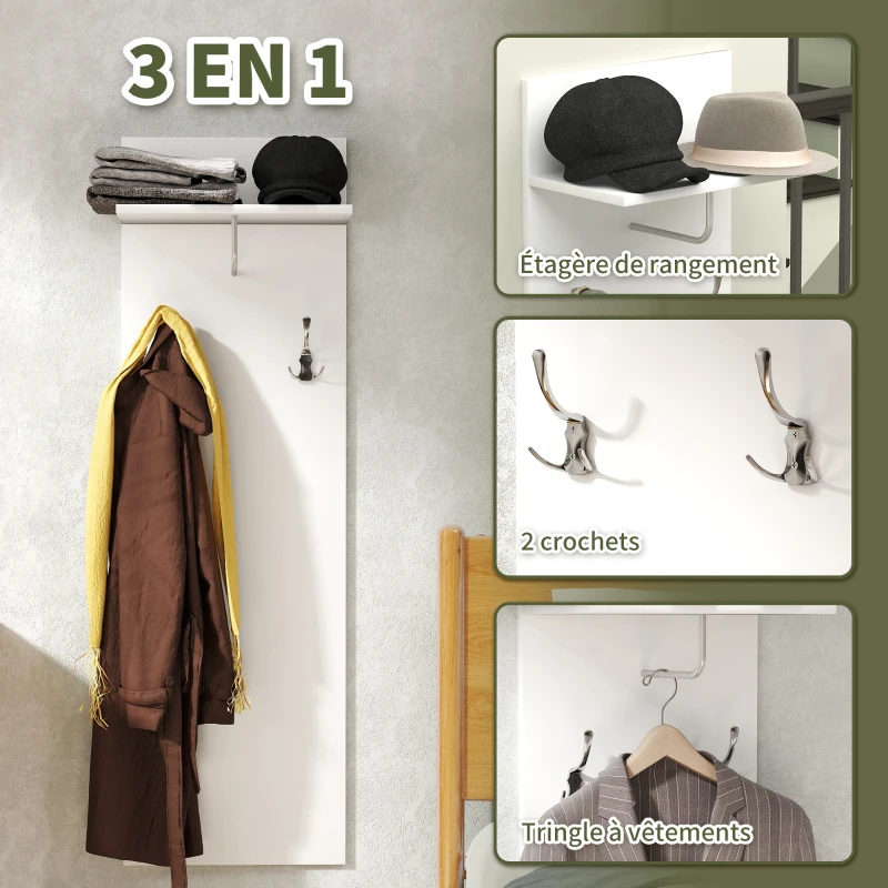 HOMCOM Porte-manteau mural meuble d'entrée avec étagère, 2 crochets et barre en aluminium, pour entrée, couloir, chambre