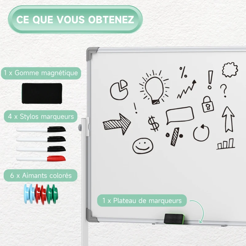 HOMCOM Tableau blanc magnétique double face effacable rotatif mobile avec support, aimants, marqueurs, gomme et roulettes