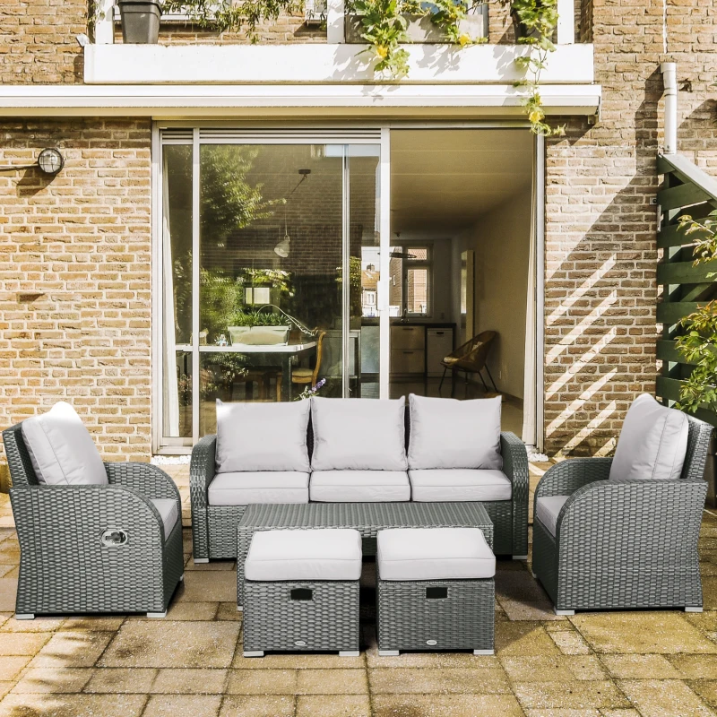 Outsunny Six-piece Outdoor Rattan Dining Set, Outdoor Sofa Set with Reclining Armchairs and Mental Frame, Grey