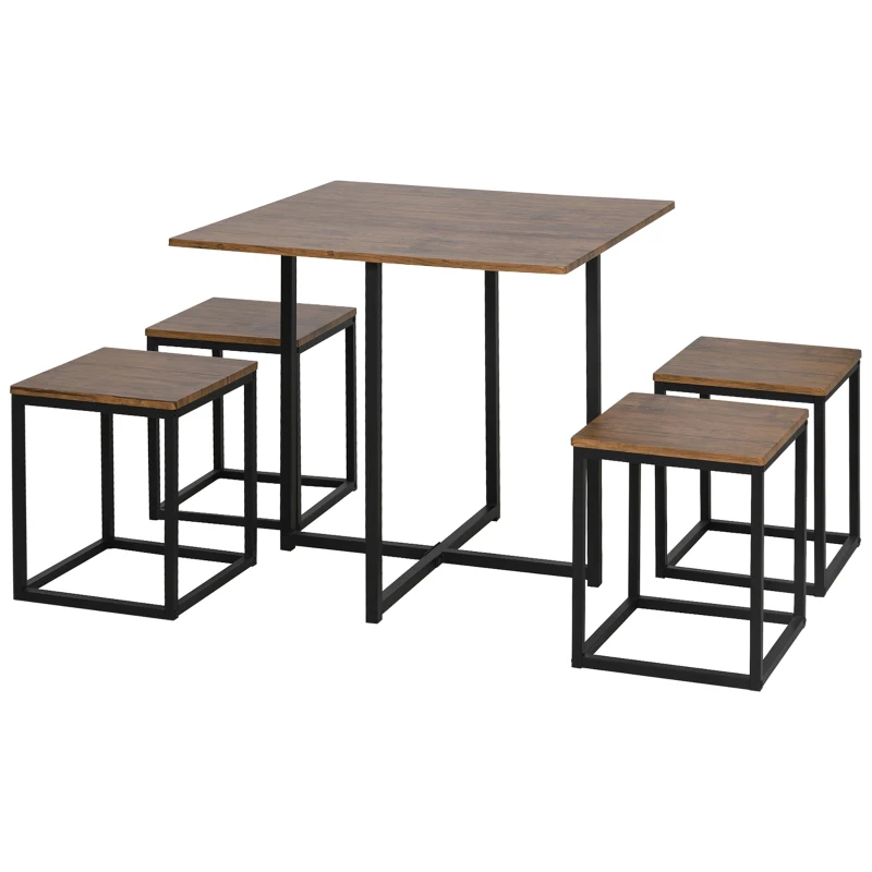 HOMCOM 5 Piece Dining Table and Chairs Set 4, Industrial Space Saving Table and Chairs with Metal Frame, Square Kitchen Table and Stools for Dining Room, Brown