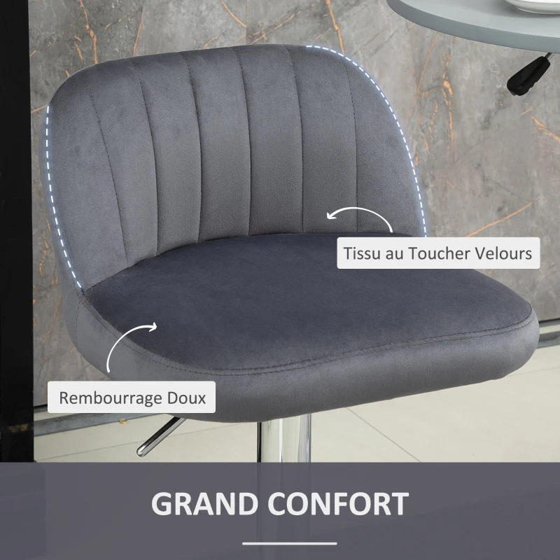 HOMCOM Lot de 2 tabourets de bar design contemporain avec repose-pieds hauteur réglable et pivotant - revêtement tissu effet velours - pied métal - gris