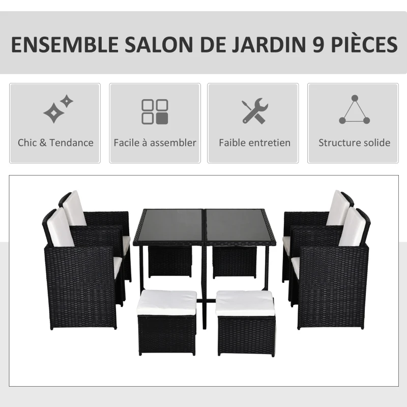 Outsunny Ensemble Salon de Jardin encastrable 8 Personnes 9 pièces résine tressée 4 Fils Imitation rotin Noir Coussins déhoussables crème