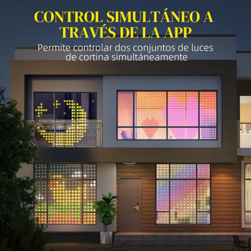 HOMCOM Cortina de Luces LED 3x3m Inteligente con Sincronización Musical Control Remoto y App Efectos y Colores Personalizables