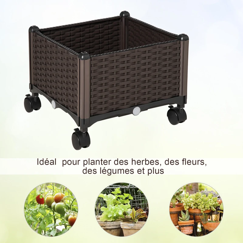 Outsunny Jardinière sur roulettes dim. 40L x 40l x 31H cm Insert d'irrigation Plastique Imitation rotin tressé Chocolat