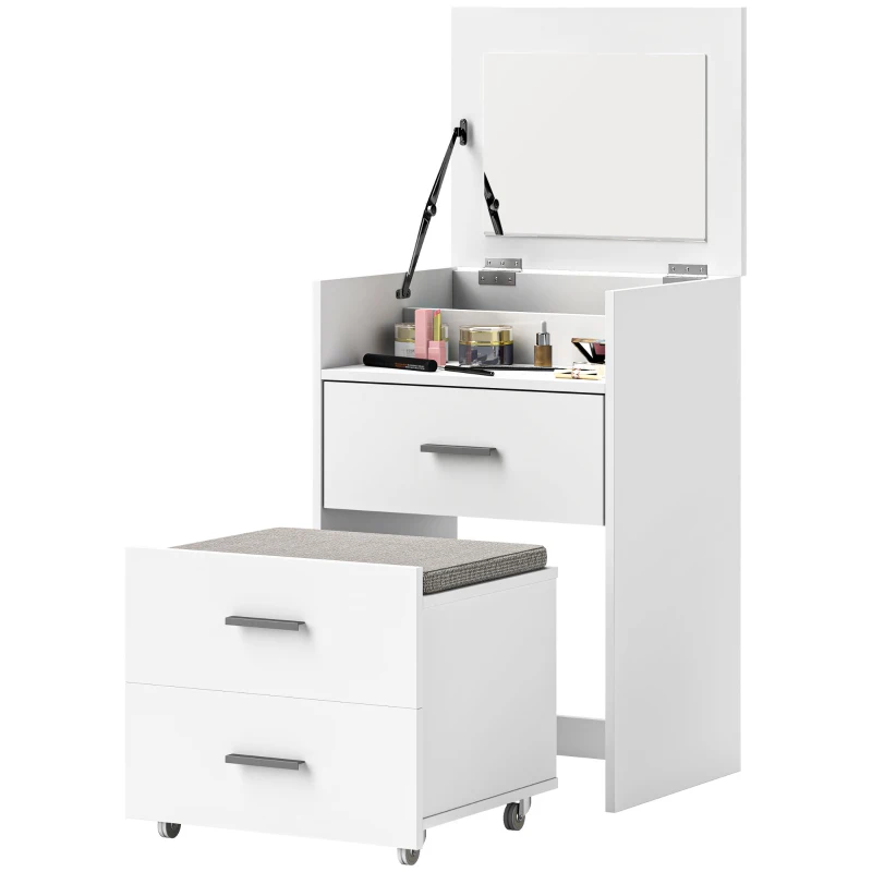 HOMCOM Tavolo da Trucco in Legno con Specchio Ribaltabile, 2 Cassetti e Sgabello, 50x40x113.5 cm, Bianco