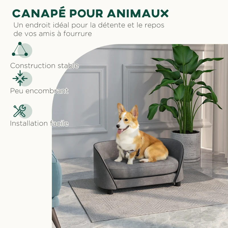 PawHut Canapé pour chien avec coussin doux housse amovible et lavable revêtement en velours néerlandais gris