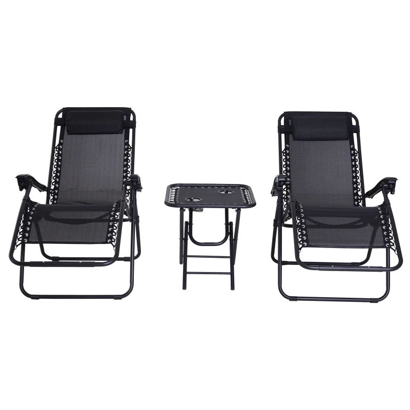 Outsunny Set Arredo Lettini da Giardino 2 Sedie a Sdraio da Spiaggia e Tavolino Regolabili Pieghevoli Tessuto do Texteline Nero