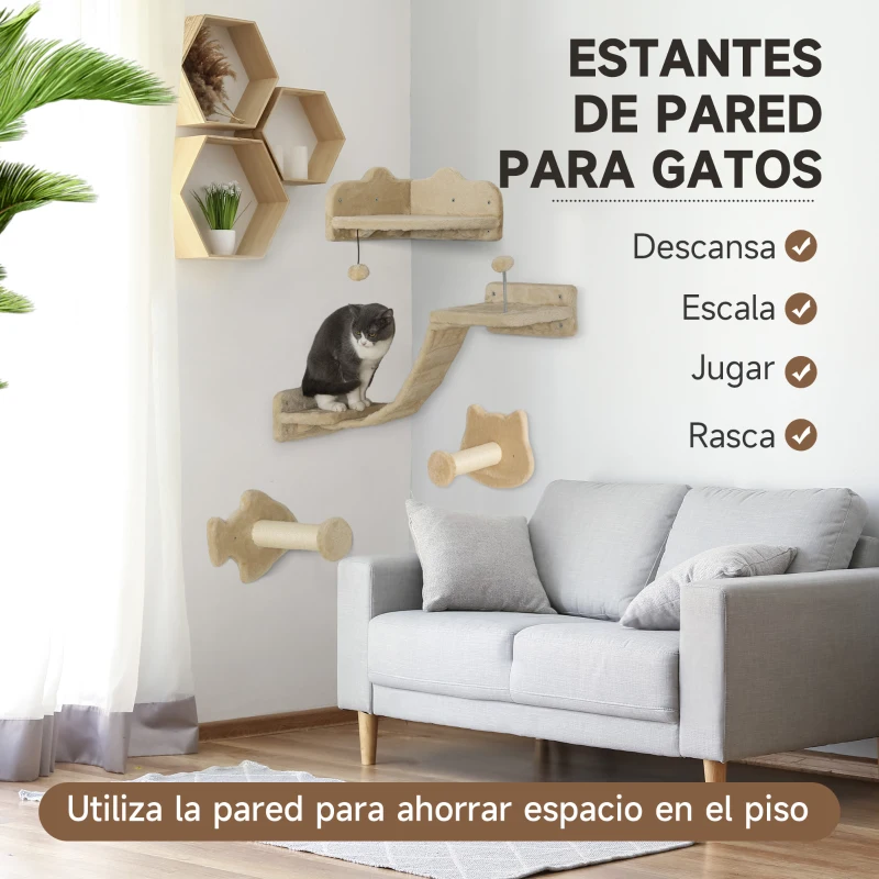 PawHut Rascador de Pared para Gatos con 2 Postes de Sisal Plataforma Doble con Escalera Suave y 1 Plataforma para Saltar Beige