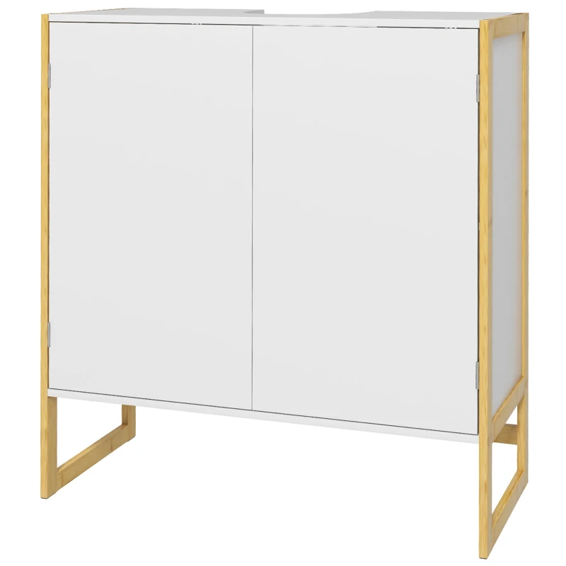 HOMCOM Mobile Sottolavabo Bagno con 2 Ante a Pressione in Bambù e MDF con Intaglio a U, 70x33x79.5cm, Bianco