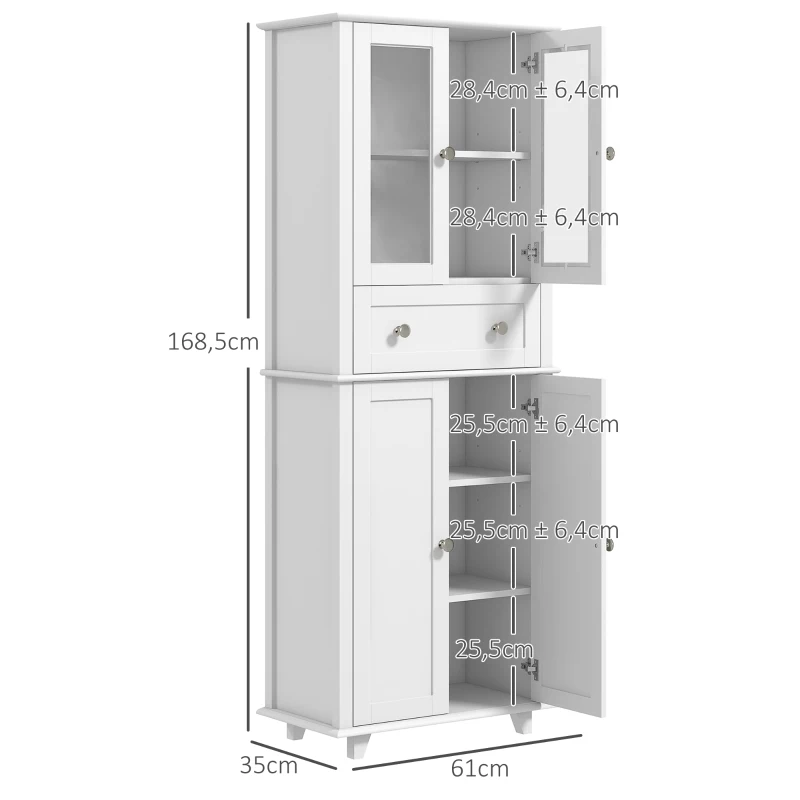 HOMCOM Alacena de Cocina Despensa Armario de Cocina con 2 Puertas de Vidrio Templado Cajón 61x35x168,5 cm Blanco(m-3)