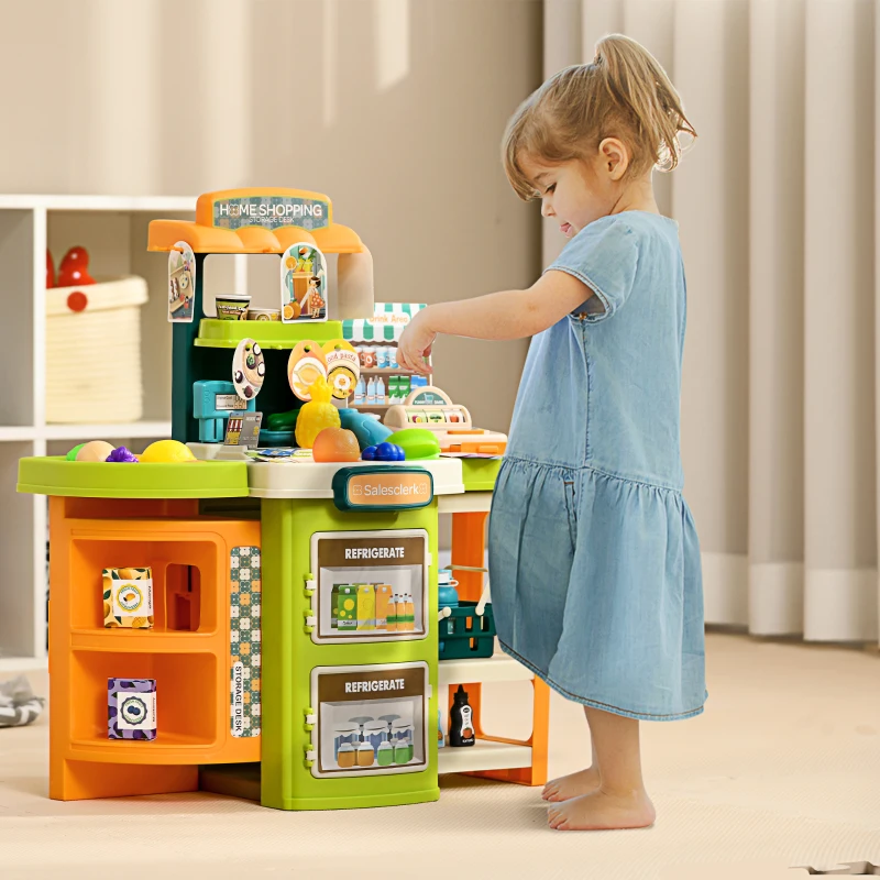 AIYAPLAY 58 Pieces Cash Register for Kids, Children Trolley, with Scanner, Pretend Food, Till, for Ages 3-6 Years