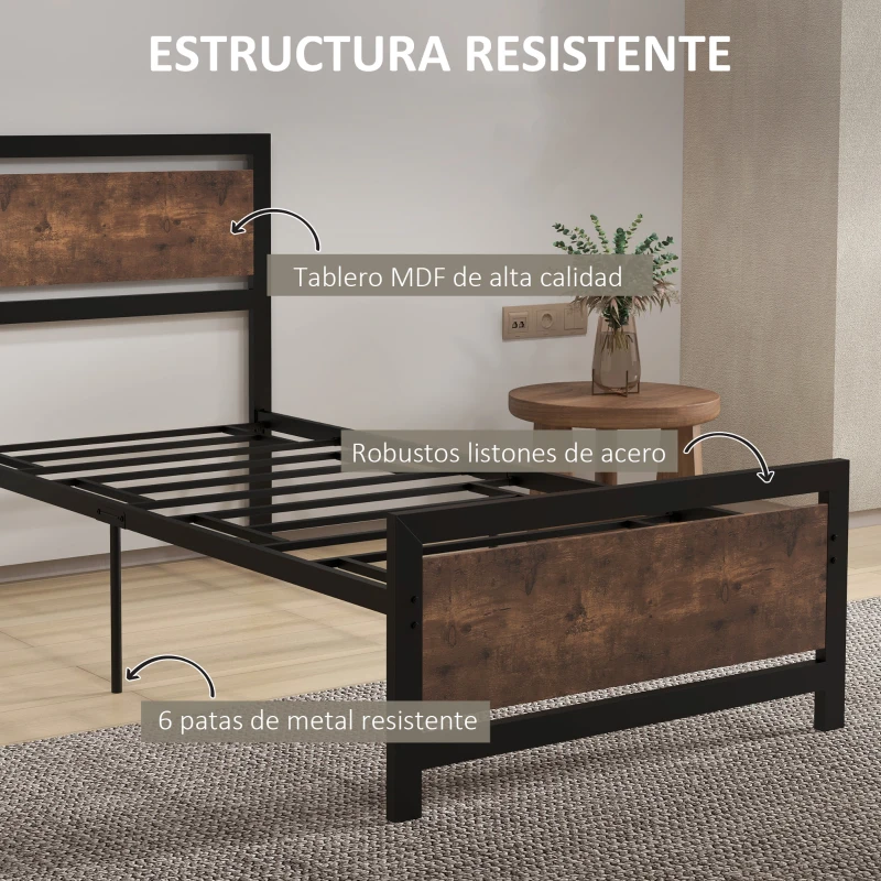 HOMCOM Estructura de Cama de Acero Somier de Cama con Cabecera para Colchón 90x190 cm Carga 150kg 97x195x103 cm Negro y Marrón